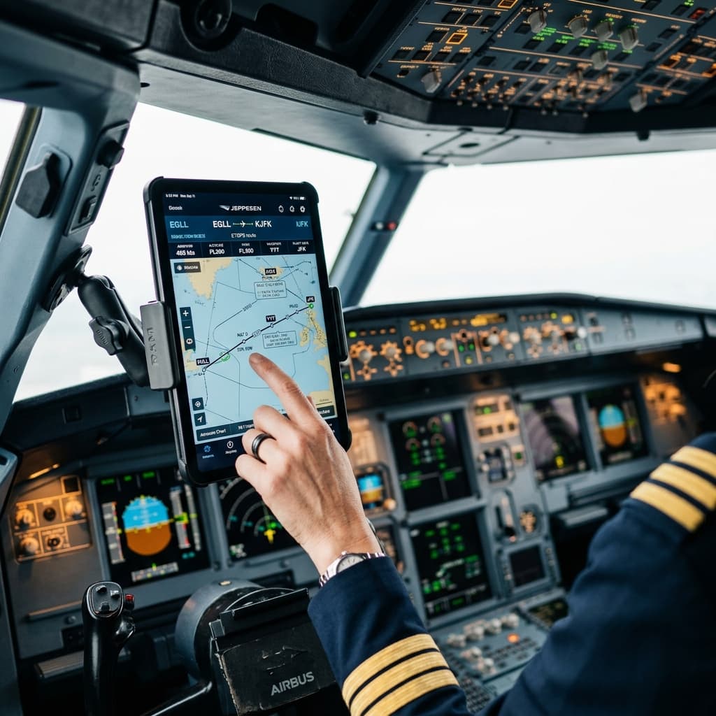 Pilot using tablet in cockpit